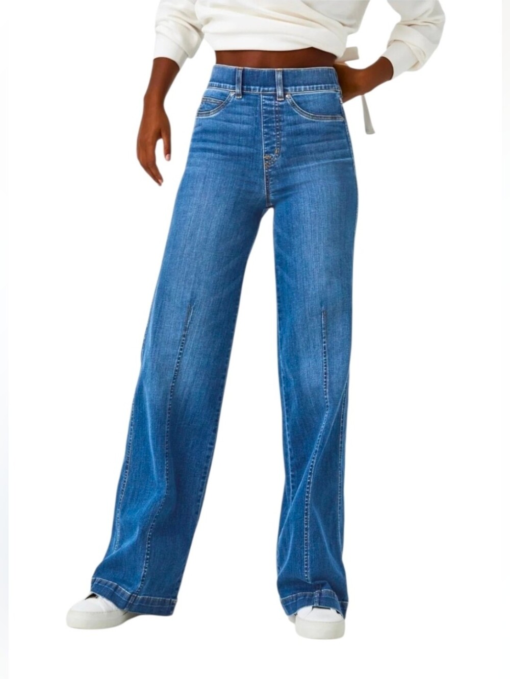 SPANX Front Seam Wide Leg Vintage Indigo Pull-On Stretch Jeans. Size Large